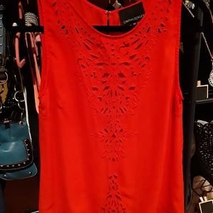 Sleeveless, Roundneck, Red Eyelet Pattern Blouse